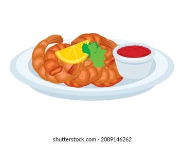 Fried shrimp food with dip sauce vector. Seafood on a plate icon isolated on a white background. Prawns icon vector