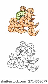 gebratene Garnelen und frische Linde Frucht Illustration Malvorlage. Gesunde Meeresfrüchte zum Mittagessen