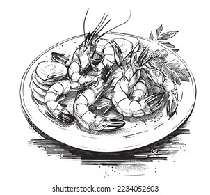 Fried shrimp on a plate asian food hand drawn engraving sketch Restaurant business concept Vector illustration