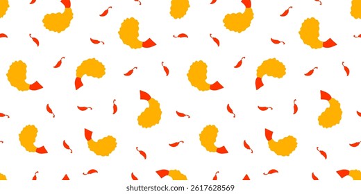 Fried Shrimp Seamless pattern Background. Tempura Shrim Pattern background. Seafood Pattern Design. Crunchy Tempura Pattern.	