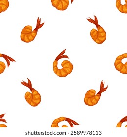 Fried shrimp seamless pattern. Vector hand drawn prawn illustration. Grilled shrimp delicious background. Simple graphic design for print, decor, wrapping, textile, web