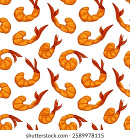 Fried shrimp seamless pattern. Vector hand drawn prawn illustration. Grilled shrimp delicious background. Simple graphic design for print, decor, wrapping, textile, web