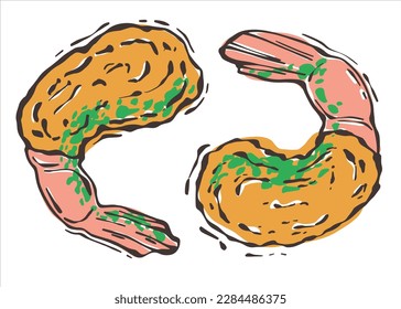 Fried shrimp with spices. Two shrimp in tempera. Asian traditional cuisine. Vector illustration in a flat style.