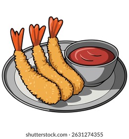 Tempura de camarão frito com molho de imersão ilustração vetor isolado no fundo branco