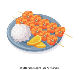 Fried Shrimps on Skewer with Rice and Lemon Slice on Plate as Traditional Thai Food Vector Illustration