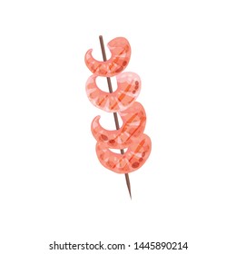 Fried shrimps on a skewer. Vector illustration on white background.