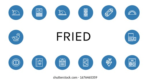 fried simple icons set. Contains such icons as Chicken, Onion rings, Donut, Burrito, Cheburek, Cereals, Chicken leg, Fish and chips, Nuggets, can be used for web, mobile and logo