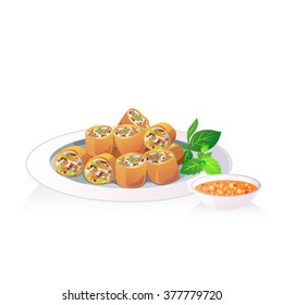 Fried spring roll in white ceramic plate with dipping sauce.