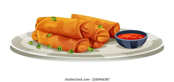 Fried spring rolls with sweet chili sauce vector illustration