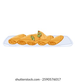 Fried spring rolls with vegeterian filling vector illustration. Traditional Chinese cuisine. Spicy springrolls on a plate isolated icon on white background