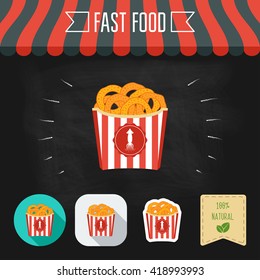 Fried squid rings icons on a chalkboard. Set of icons and eco label. Flat design. Vector illustration