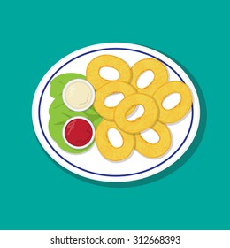 fried squid rings or onion rings on oval dish in flat style