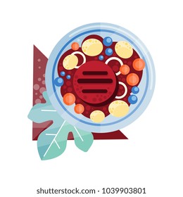 Fried steak with garnish of potatoes and tomatoes on a plate vector Illustration on a white background