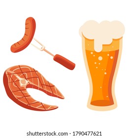 Fried steak and glass of beer on white isolated backdrop. Barbeque meat for invitation or gift card, notebook, grill bar logo, scrapbook. Phone case or cloth print Flat style stock vector illustration