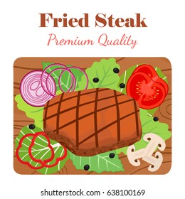 Fried steak on cutting board with vegetables. Bell pepper, tomato, mushroom, salad leaves. Made in cartoon flat style.