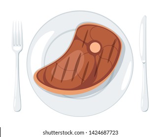 Fried steak in plate vector illustration. High calorie animal product. Crispy roasted pork, beef isolated clipart. Cooked homemade food. Meat restaurant dish in porcelain kitchenware. Bowl and cutlery