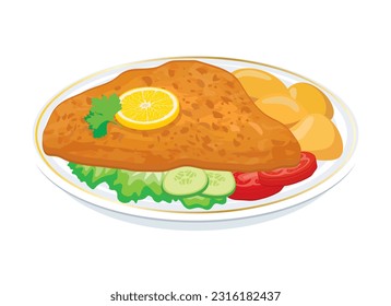 Fried steak with potatoes and vegetable garnish vector illustration. Fried schnitzel on a plate icon vector isolated on a white background. Chicken fried steak drawing svg
