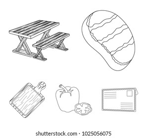 Fried steak, table with a bench for relaxation, sweet pepper, cutting board. BBQ set collection icons in outline style vector symbol stock illustration web.