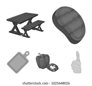 Fried steak, table with a bench for relaxation, sweet pepper, cutting board.BBQ set collection icons in monochrome style vector symbol stock illustration web .