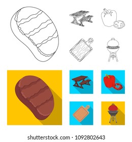 Fried steak, table with a bench for relaxation, sweet pepper, cutting board.BBQ set collection icons in outline,flat style vector symbol stock illustration web .