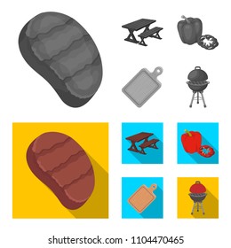 Fried steak, table with a bench for relaxation, sweet pepper, cutting board.BBQ set collection icons in monochrome,flat style vector symbol stock illustration web .
