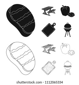Fried steak, table with a bench for relaxation, sweet pepper, cutting board.BBQ set collection icons in black,outline style vector symbol stock illustration web .