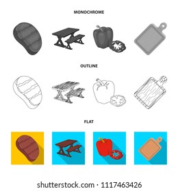 Fried steak, table with a bench for relaxation, sweet pepper, cutting board.BBQ set collection icons in flat,outline,monochrome style vector symbol stock illustration web .