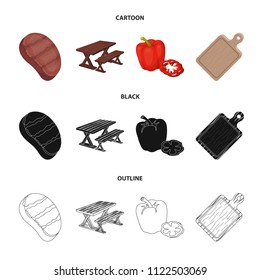 Fried steak, table with a bench for relaxation, sweet pepper, cutting board.BBQ set collection icons in cartoon,black,outline style vector symbol stock illustration web .