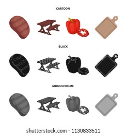 Fried steak, table with a bench for relaxation, sweet pepper, cutting board.BBQ set collection icons in cartoon,black,monochrome style vector symbol stock illustration web .