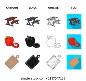 Fried steak, table with a bench for relaxation, sweet pepper, cutting board.BBQ set collection icons in cartoon,black,outline,flat style vector symbol stock illustration web .