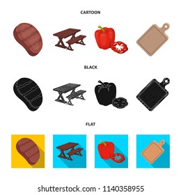 Fried steak, table with a bench for relaxation, sweet pepper, cutting board.BBQ set collection icons in cartoon,black,flat style vector symbol stock illustration web .