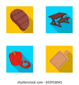 Fried steak, table with a bench for relaxation, sweet pepper, cutting board.BBQ set collection icons in flat style vector symbol stock illustration web .