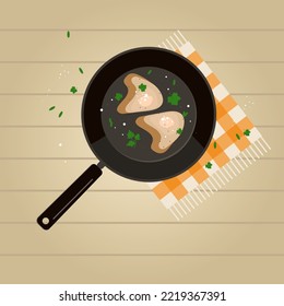 Fried steaks  with parsley on the black frying pan,  plaided napkin on the wooden table. Cartoon vector illustration.