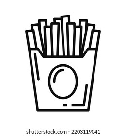 Fried striped potato isolated outline french fries line art icon. Vector linear sign of striped potato, takeaway food. Cut into stripes potatoes in pack, fries sticks or fries in paper package