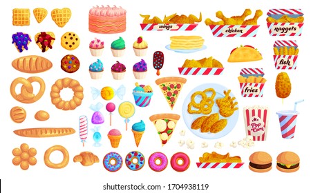 Fried and sweet junk food flat vector illustration set. Cake, cupcakes, doughnuts. Buns, belgian waffles, cookie. Pastry collection. Pizza, burgers, fries. Ice cream, candies, soda