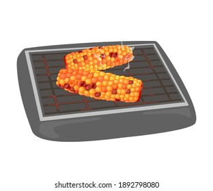 Fried sweet maize on barbeque, tasty lunch, nutritious meal, farm vegetable. Vector noggin of eco veggie with fire smell, cooking, food design isolated on white background