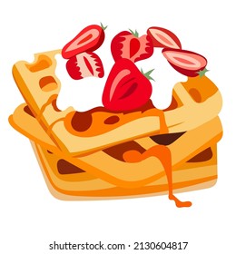 Fried toast with cream and strawberries. Food. Dessert. Sweet breakfast. Vector flat illustration.