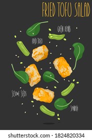 Fried Tofu, green bean and spinach salad.Vector illustration