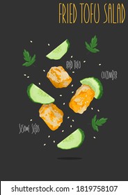Fried Tofu Salad with Cucumbers and Sesame Seeds. Vector illustration