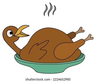 Fried turkey. Carcass of a bird with a head. Screaming duck. Crispy goose on a green platter. Steam from a hot bird. Color vector illustration. Cartoon style. Thanksgiving symbol. Isolated background.