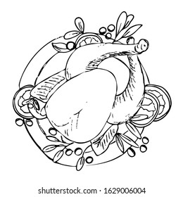 Fried Turkey on the plate isolated on white background. Happy Thanks giving day vector hand drawn illustration. Black and white outline sketch in vintage style for menu,  restaurant, recipe.