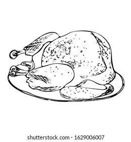 Fried Turkey on the plate isolated on white background. Happy Thanks giving day vector hand drawn illustration. Black and white outline sketch in vintage style for menu,  restaurant, recipe.