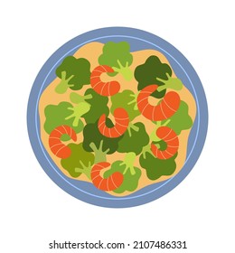 Fried vegetables with prawns on plate in flat design on white background. Chinese food.