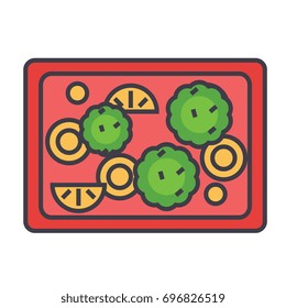 Fried vegetables, vegan, vegetarian concept. Line vector icon. Editable stroke. Flat linear illustration isolated on white background