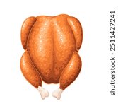 Fried whole cartoon chicken, top view. Golden baked chicken or turkey, tasty meat of bird with crispy crust. Roast, fast food mascot, cartoon cooked poultry with skin for dinner vector illustration