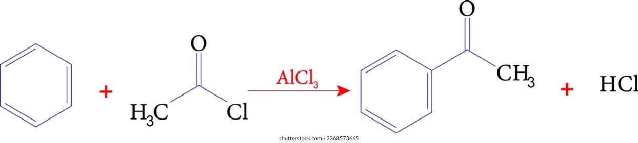 Friedel-Crafts acylation of benzene by acetyl chloride . Vector illustration