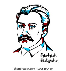 Friedrich Nietzsche engraved vector portrait with ink contours. German philosopher, cultural critic, composer, poet, philologist, and Latin and Greek scholar.