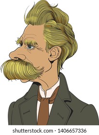 Friedrich Nietzsche portrait in line art illustration. He was a German philosopher, philologist, poet, composer and classical scholar. 