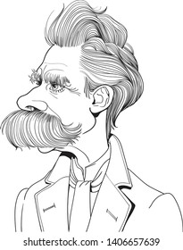 Friedrich Nietzsche portrait in line art illustration. He was a German philosopher, philologist, poet, composer and classical scholar. 