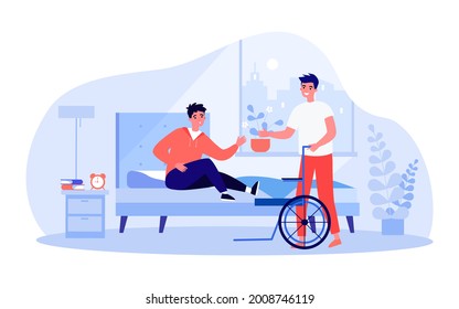 Amigo o ayudante a un hombre subirse a una silla de ruedas desde la cama. Persona discapacitada en ilustración vectorial plana de dormitorio. Asistencia, discapacidad, concepto de amistad para banner, diseño de sitios web o página de inicio